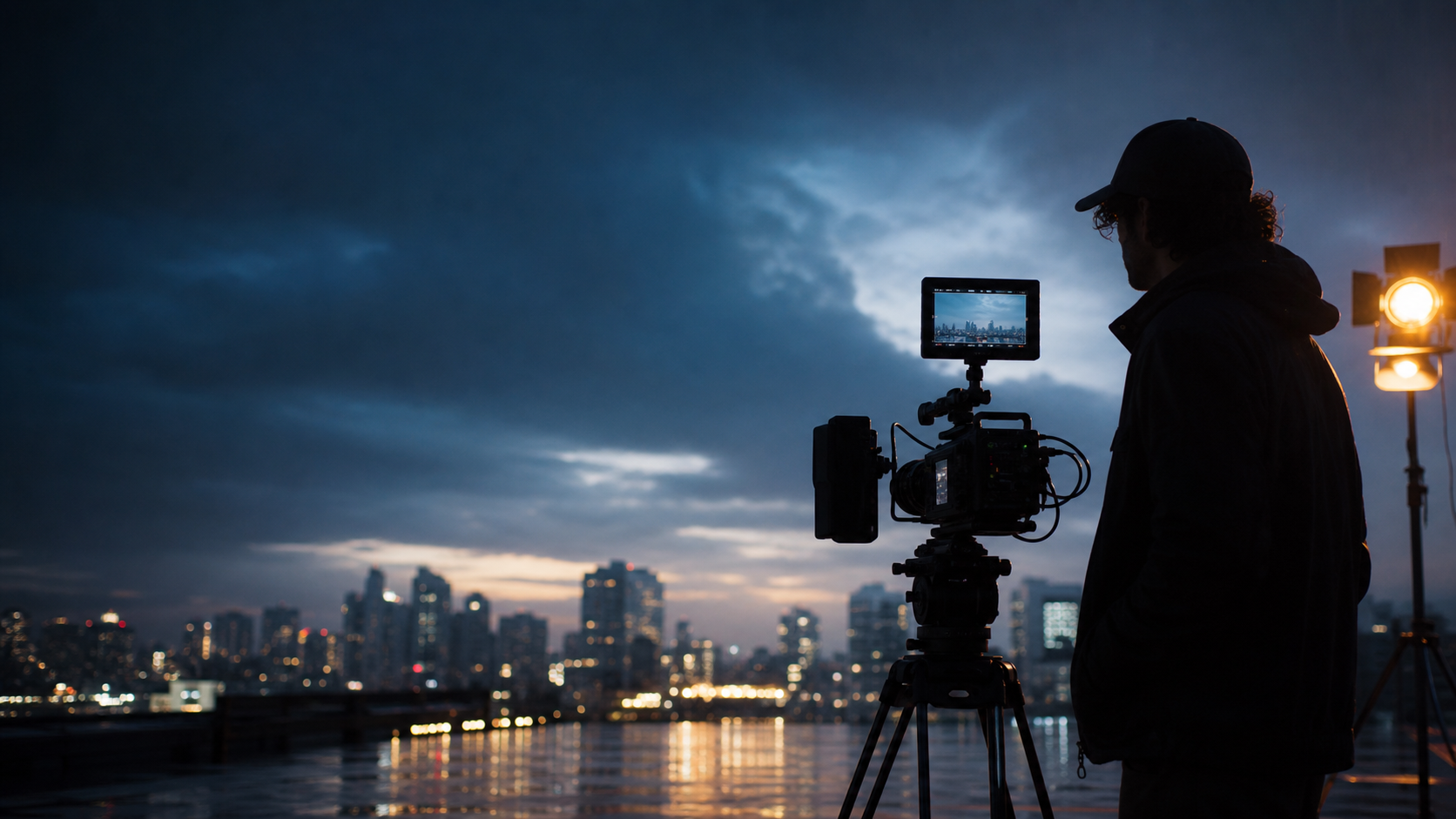 Filmmaker am Set mit Kamera und Stadtlicht