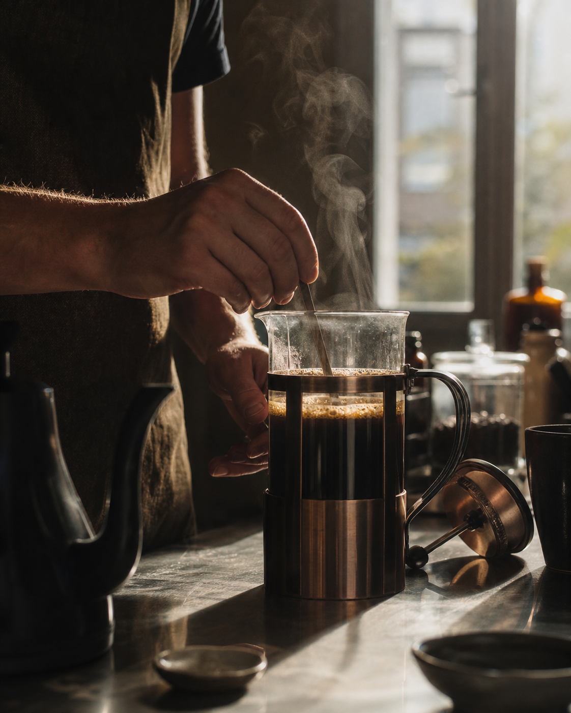 Commercial-Still mit Kaffee und warmem Morgenlicht