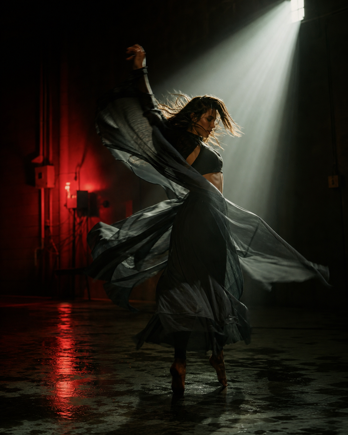 Musikvideo-Still mit Taenzerin und hartem Licht